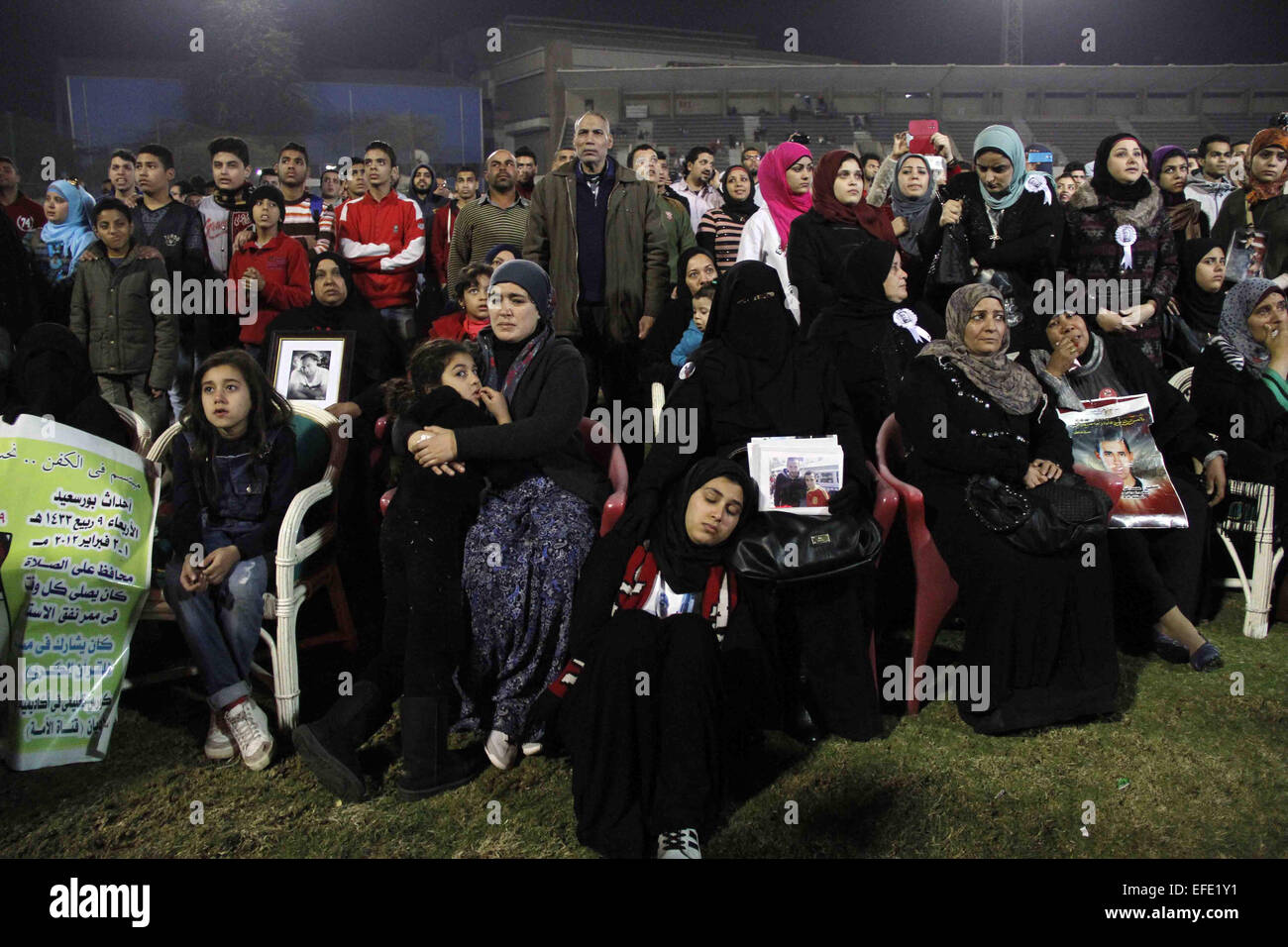 Feb. 1, 2015 - Cairo, Cairo, Egypt - Relatives of al-Ahly fans, who were killed in what known as the ''Port Said massacre'', attend the third anniversary of killing their relatives at al-Ahly club's training stadium, on February 1, 2015. On 1 February 2012, a massive riot occurred at Port Said Stadium in Port Said city, Egypt, following an Egyptian Premier League football match between El Masry and El Ahly clubs. At least 74 people were killed and more than 500 were injured after thousands of El Masry spectators stormed the stadium stands and the pitch  (Credit Image: © Amr Sayed/APA Images/ZU Stock Photo