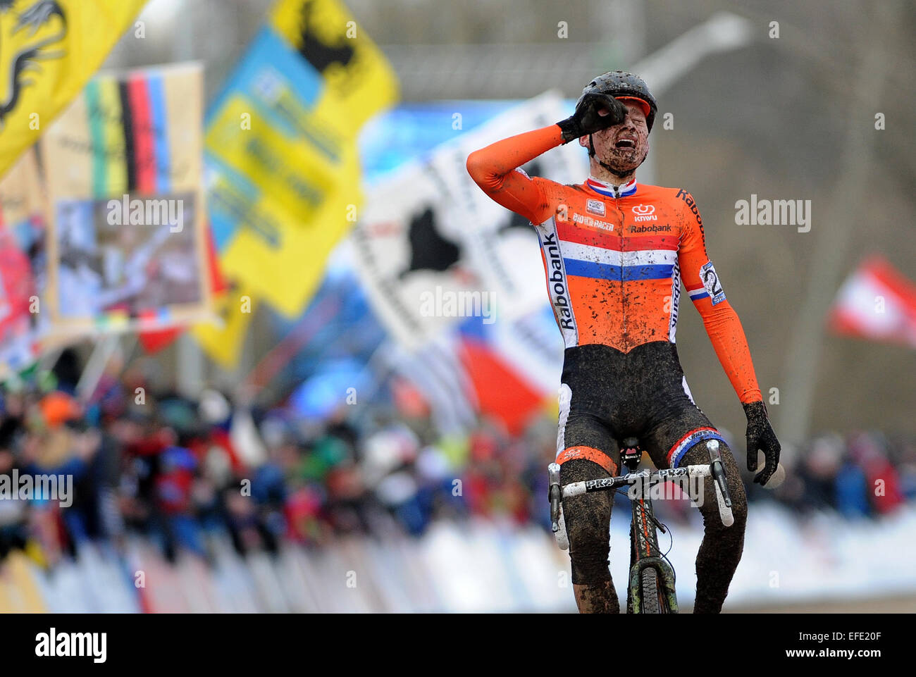 Mathieu van der Poel of Netherlands crosses the finish line as he wins the  cyclo-cross World Championship in Tabor, 93 kilometres (58 miles) South of  Prague, Czech Republic on Sunday, February 1,
