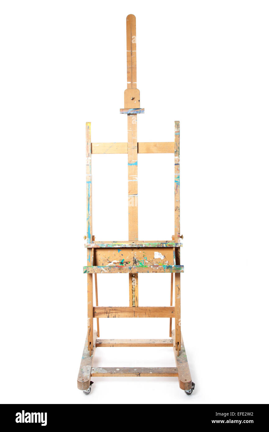 Painting stand wooden easel with blank canvas poster sign board Stock Photo