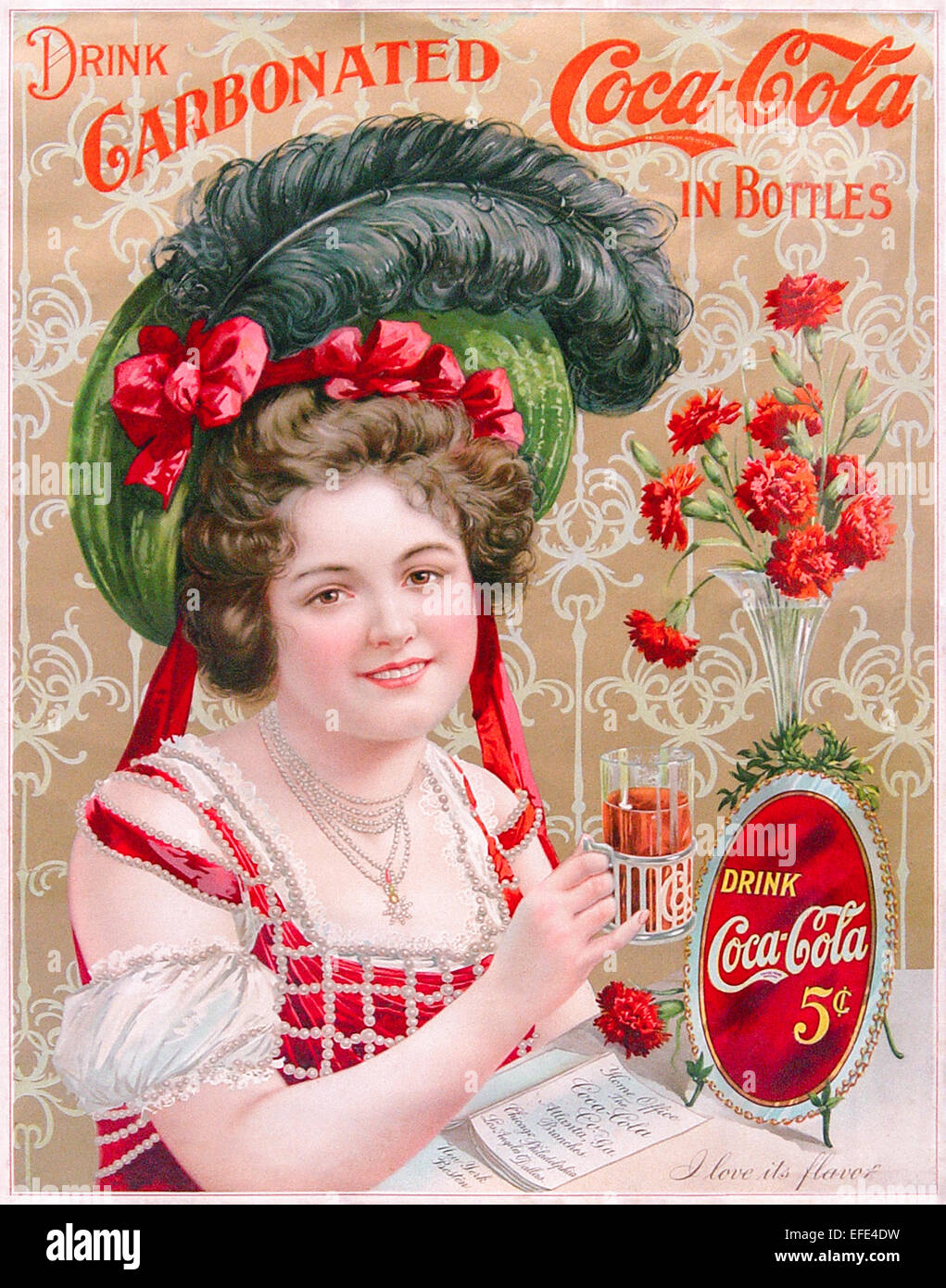 'Drink Coca-Cola 5¢' 1902 Coca-Cola advertisement featuring Hilda Clark (1872-1932) who appeared in various adverts between 1899-1903. At the time Coca-Cola contained cocaine (coca) as well as caffeine from kola nuts. See description for more information. Stock Photo