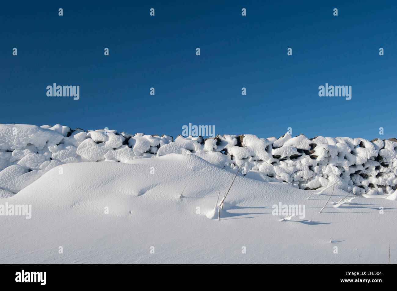 snow drift patterns after a snowstorm in the Yorkshire, Dales, UK. Stock Photo