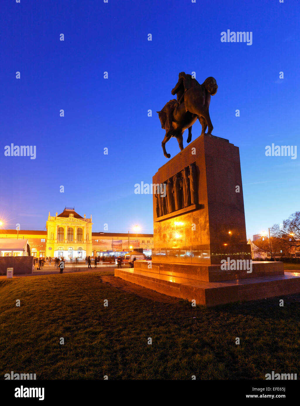 Zagreb night.The king Tomislav statue and main train train station. Stock Photo