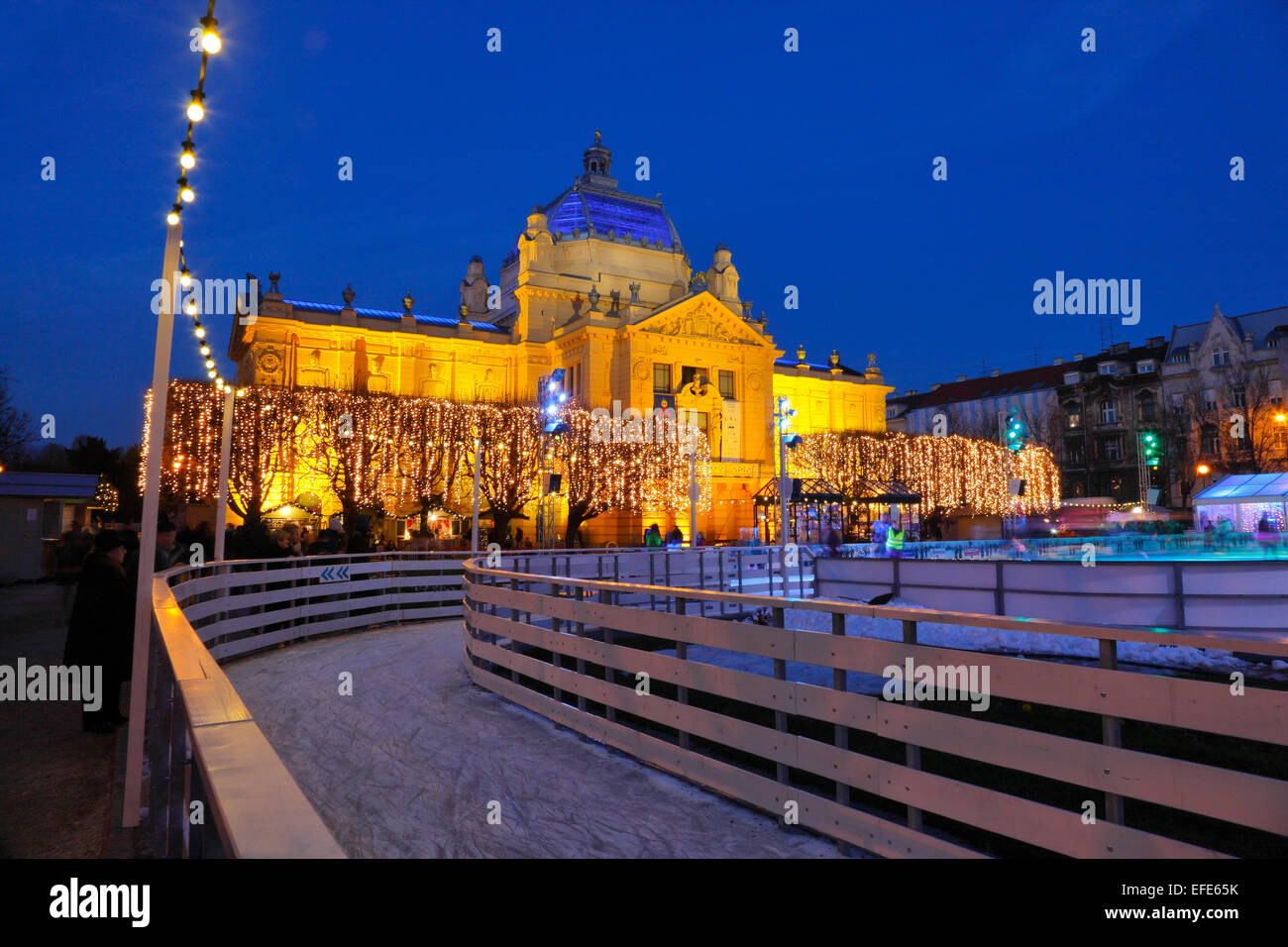 Zagreb pavilion by night with skating ring in Christmas time in front Stock Photo