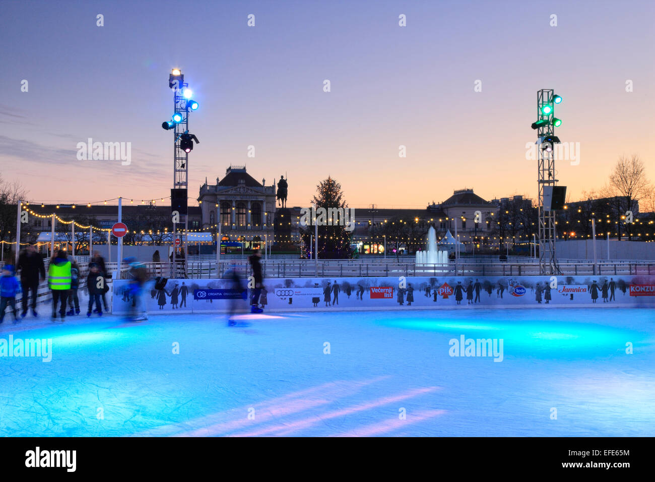 Zagreb skating rink.The king Tomislav statue and main train