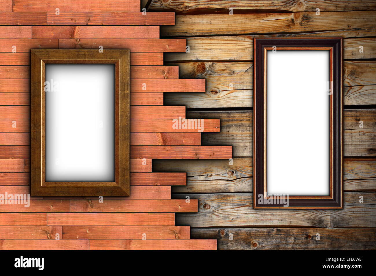 interesting wood wall with painting  frames for your design Stock Photo