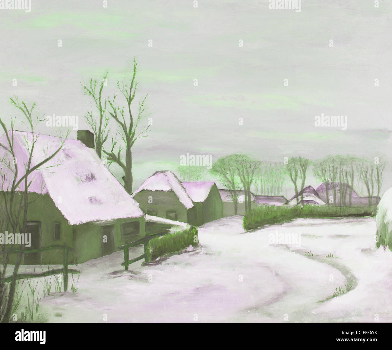 Idyllic winter landscape painting, old farms in a village, green Stock ...