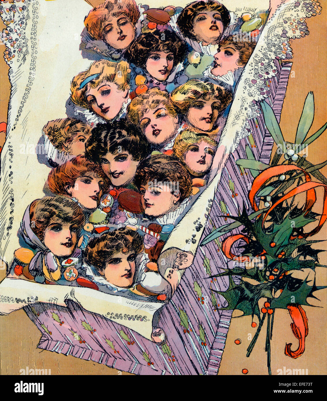 Christmas 1909 - Illustration shows a Christmas present box filled with beautiful female faces. Stock Photo