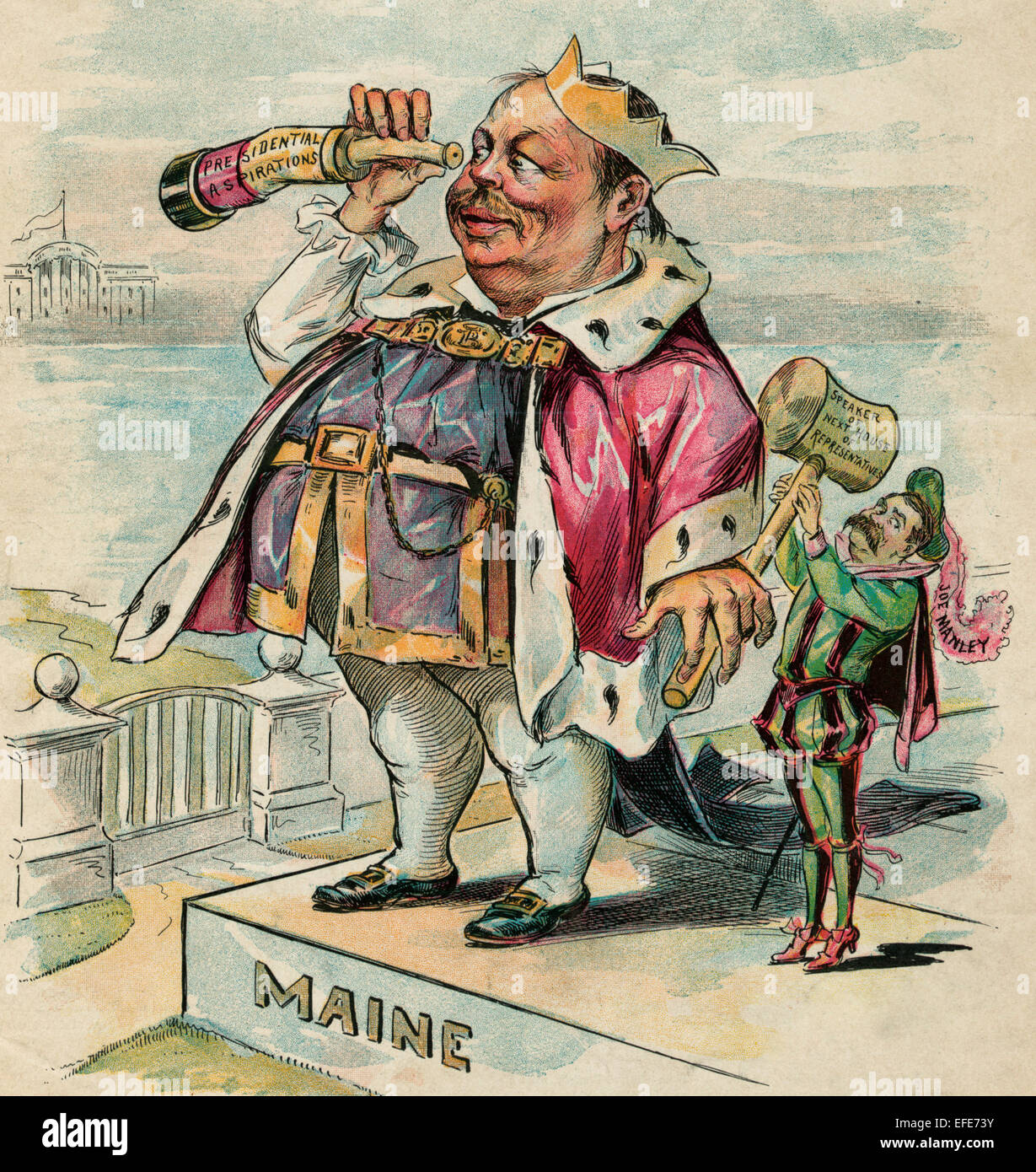 The Czar out for a job - Thomas B. Reed standing on a low platform labeled 'Maine', looking through a bent and crooked telescope, labeled 'Presidential Aspirations', at the White House in the distance. A diminutive 'Joe Manley' slips a gavel labeled 'Speaker of Next House of Representatives' from Reed's left hand. Political cartoon, 1894 Stock Photo