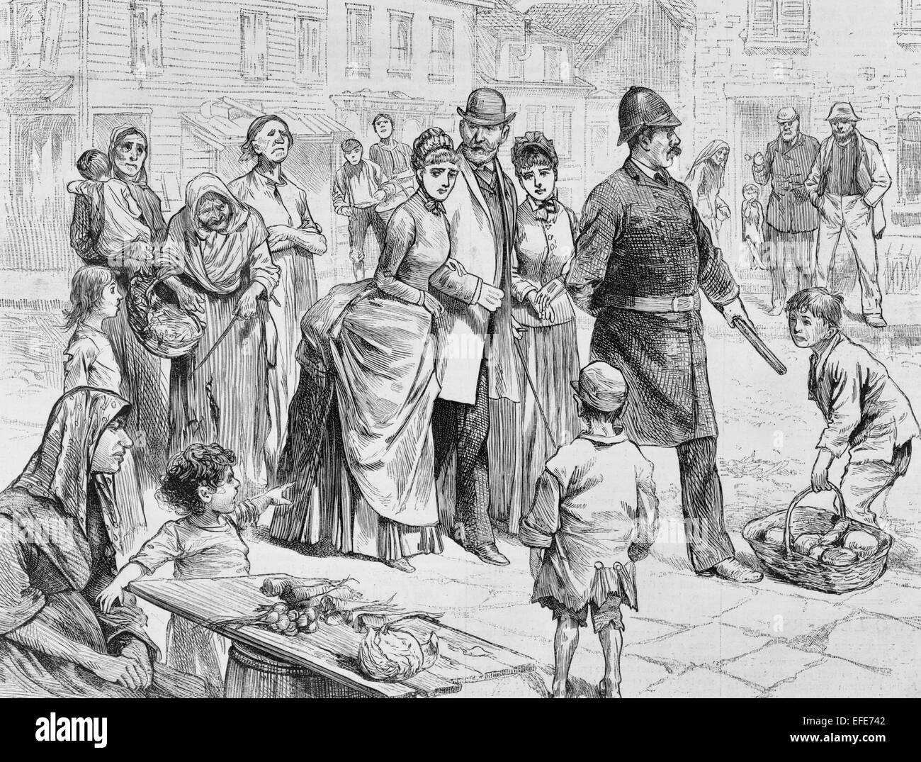 New York City - Doing the Slums - A scene in Five Points. Policeman leading upper class people through the Five Points neighborhood, circa 1885. Stock Photo