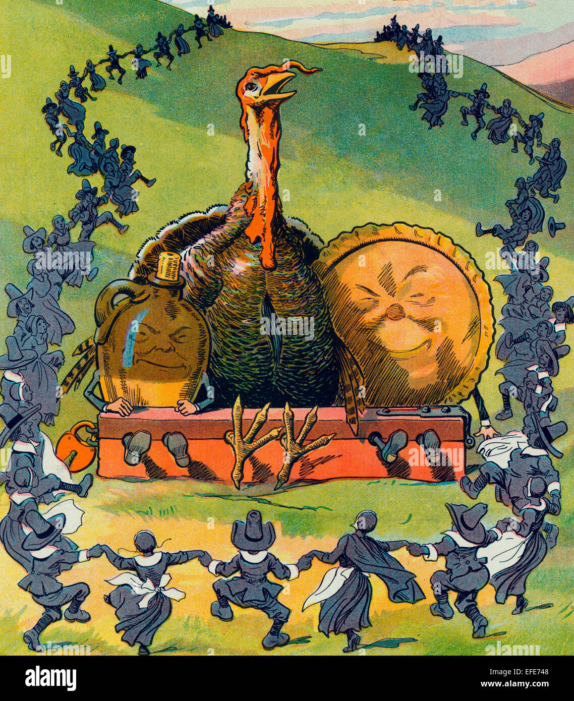 Thanksgiving - Illustration shows a large turkey, a jug of alcohol, and a pie with their feet locked in stocks and a long line of pilgrims dancing around them, circa 1913 Stock Photo