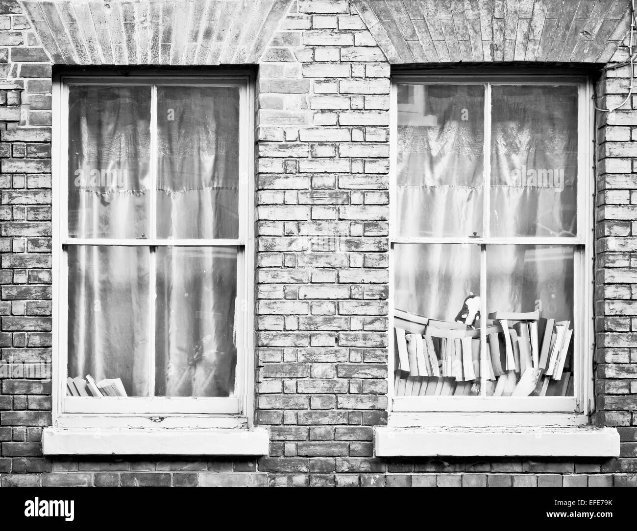 Piles of books in a house window Stock Photo