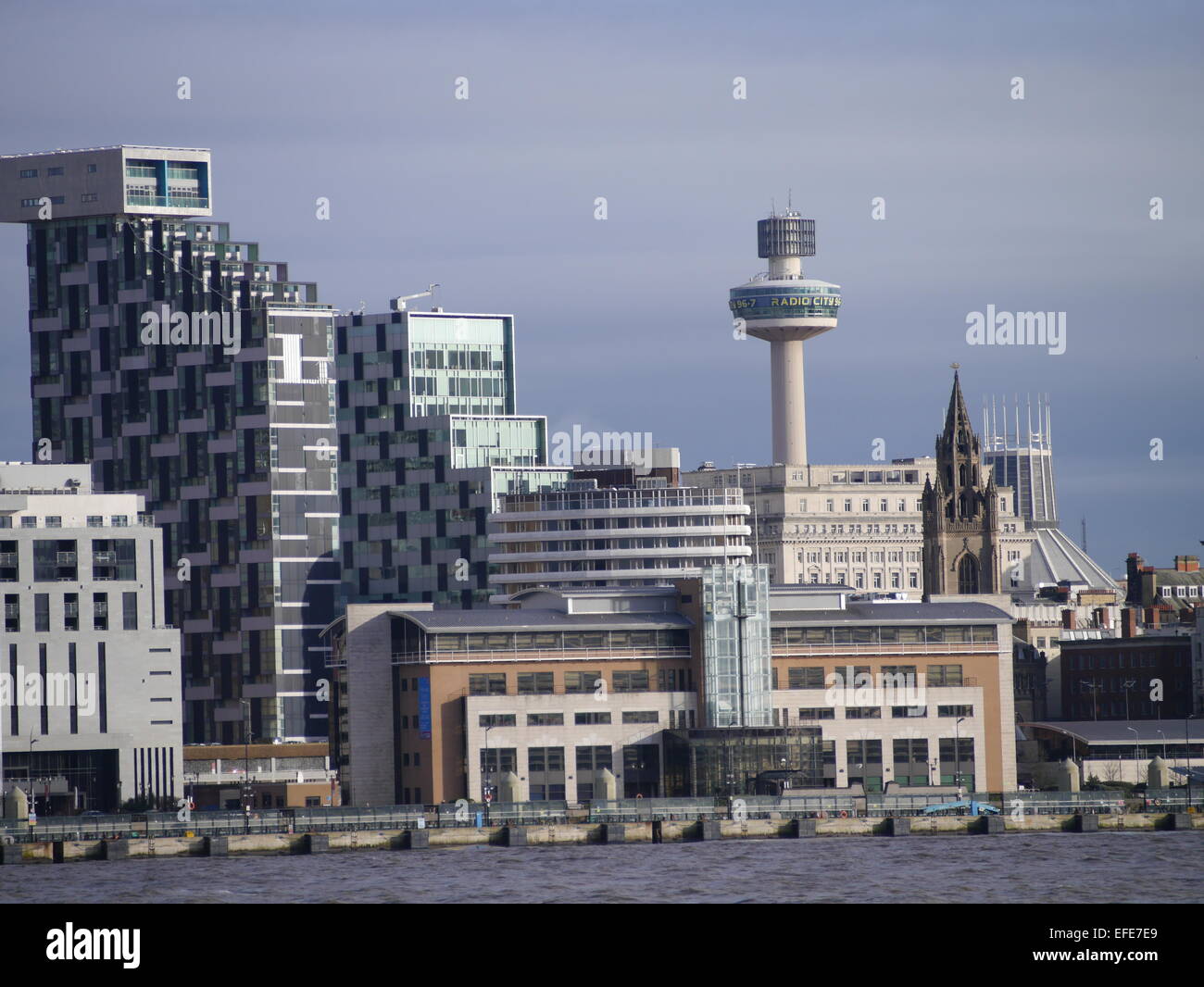 Liverpool Skyline, Unity Residential, Liverpool Metropolitan Cathedral, Radio City Tower, Church of Our Lady and Saint Nicholas. Stock Photo