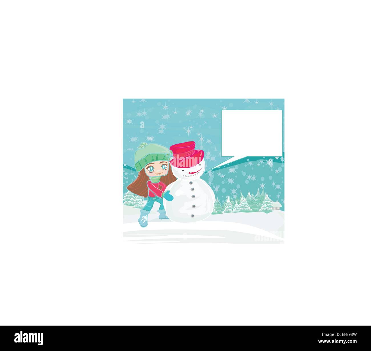 Little girl and snowman on winter landscape card Stock Vector Image ...