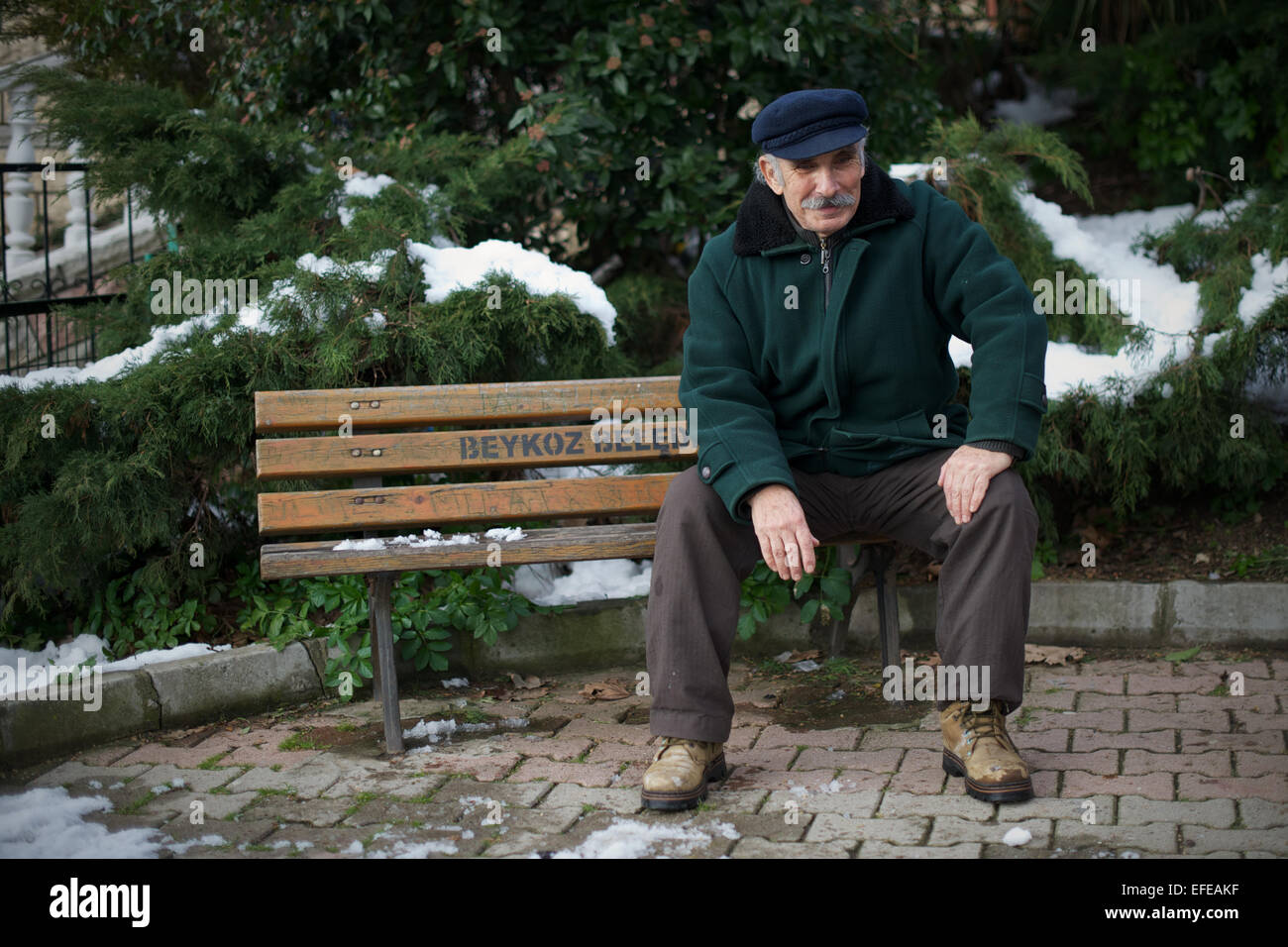 A local man in Anadolu Kavagi is pictured as part of a photo essay on winter breaks in Istanbul, Turkey. Stock Photo
