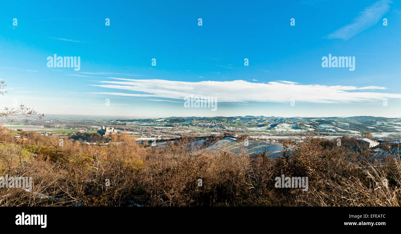panoramic view of famous Torrechiara Castle and valley in a sunny winter day Stock Photo