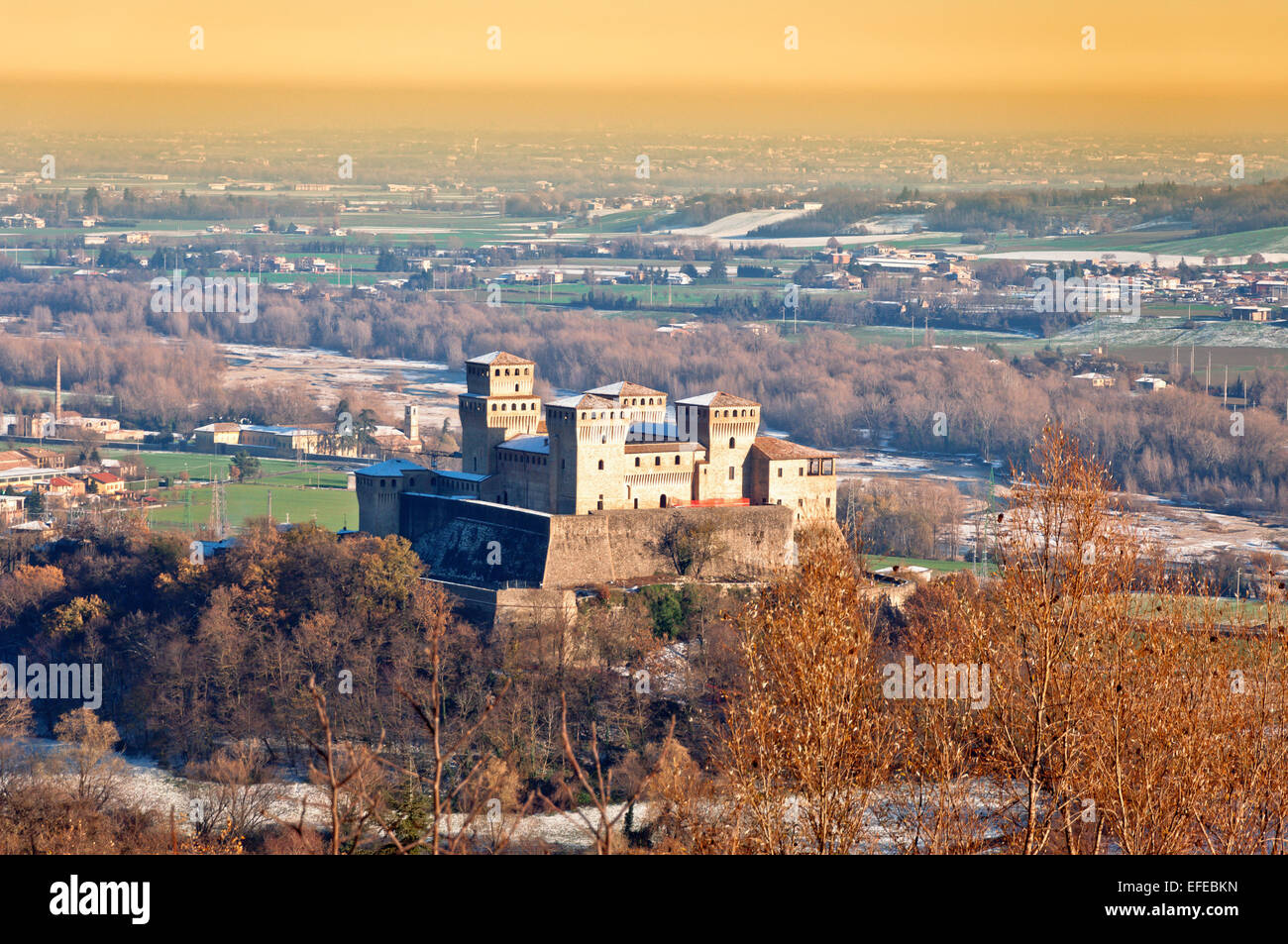 panoramic view of famous Torrechiara Castle and valley in a sunny winter day Stock Photo