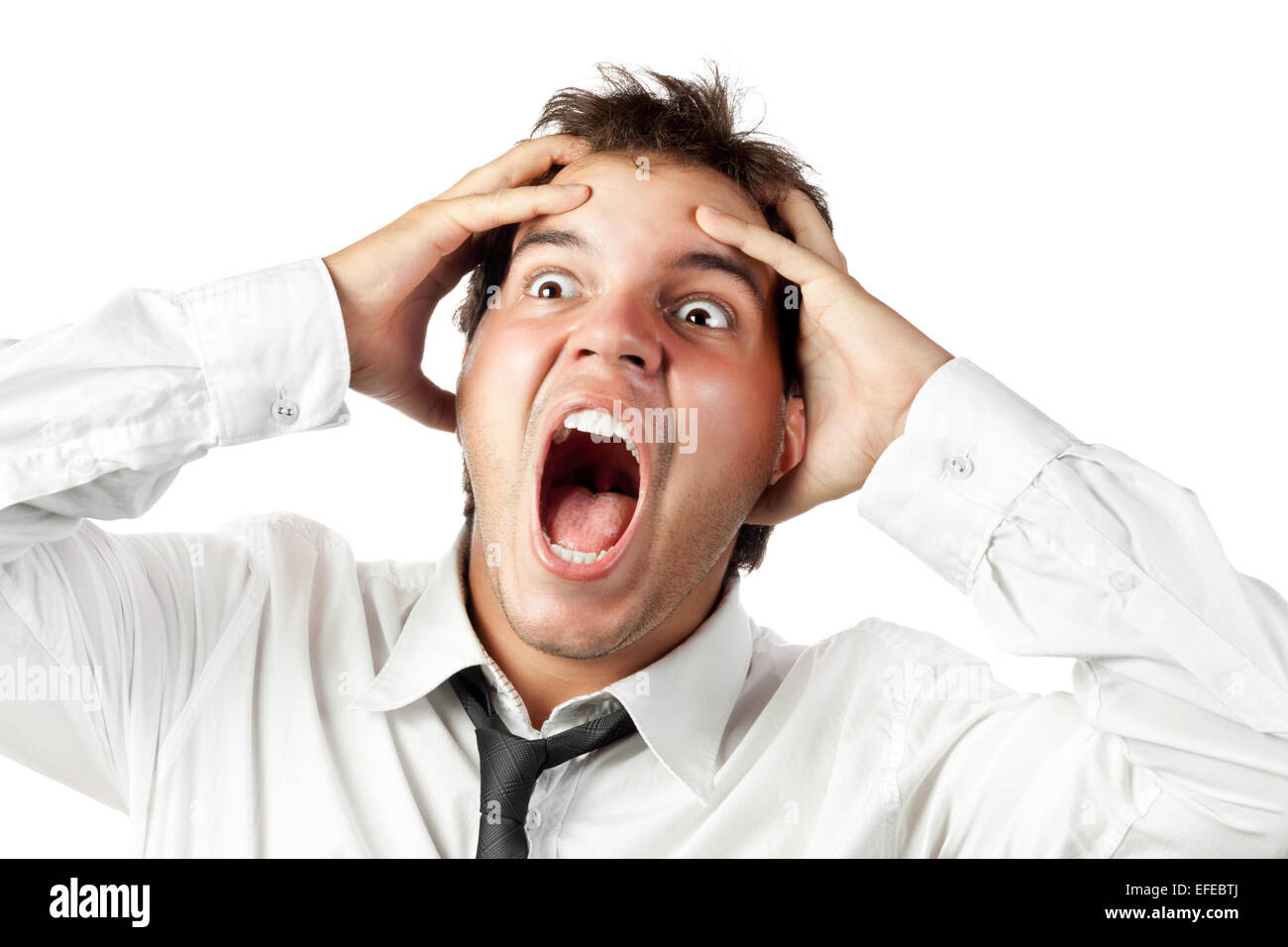 young office worker mad by stress screaming isolated on white Stock ...