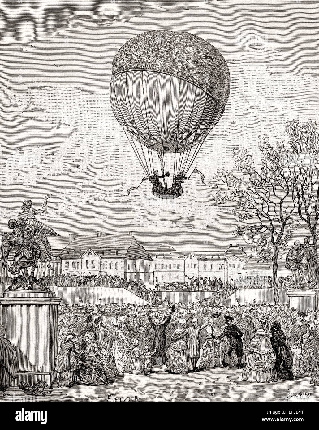 Professor Jacques Charles and Nicolas-Louis Robert fly the world's first manned hydrogen balloon on 1 December 1783 at the Tuilleries Gardens, Paris, France. Stock Photo