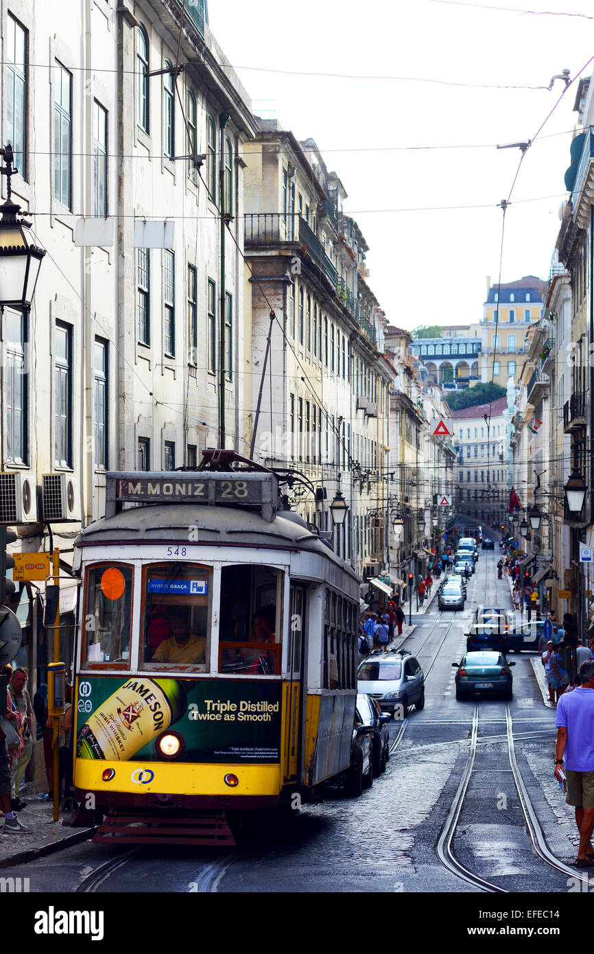 Tram on a street in Lisbon, Portugal, Europe. Stock Photo