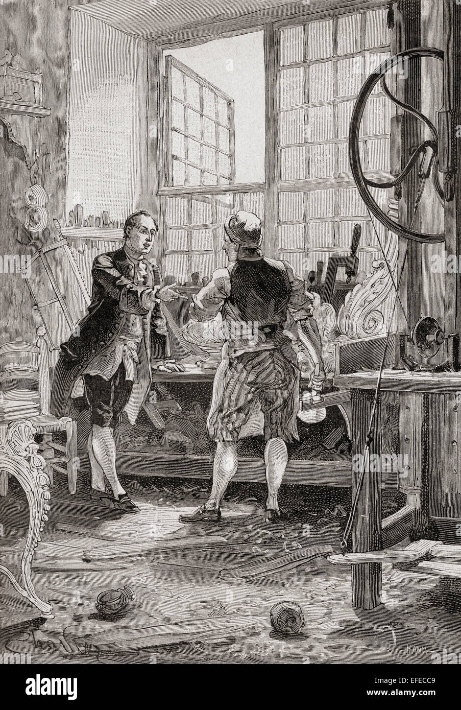 A carpenter and his client in an 18th century French carpenter's