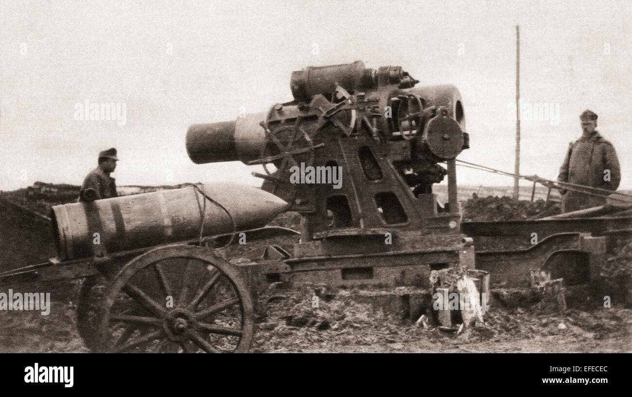 An Austrian giant siege-howitzer and its shell, used during World War One. Stock Photo