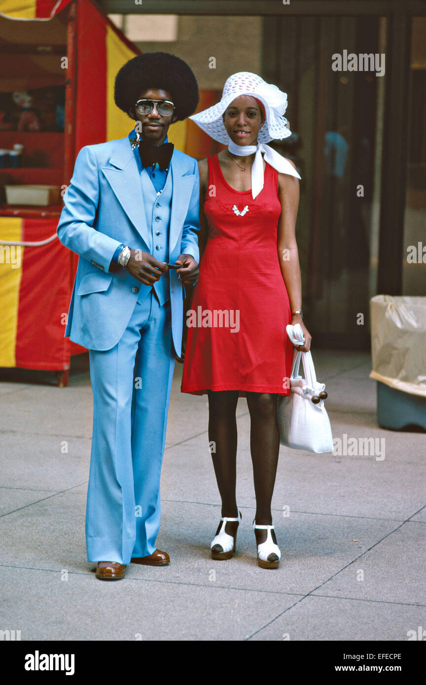 A hip black couple with afro along Michigan Avenue July 1975 in Chicago, IL. Stock Photo