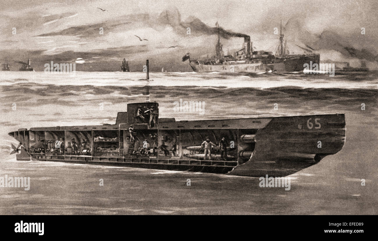 A German drawing of a submerged German submarine in British waters during World War One.  The number 65 is noteworthy as indicating either Germany's actual strength in submarines at the time or the strength she wished the world to believe she possessed. Stock Photo