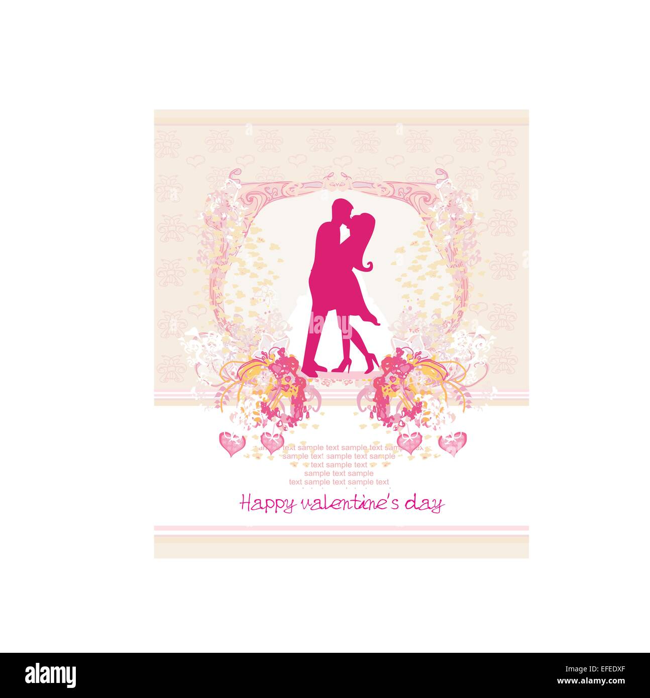 Floral greeting card with silhouette of romantic kissing couple Stock ...