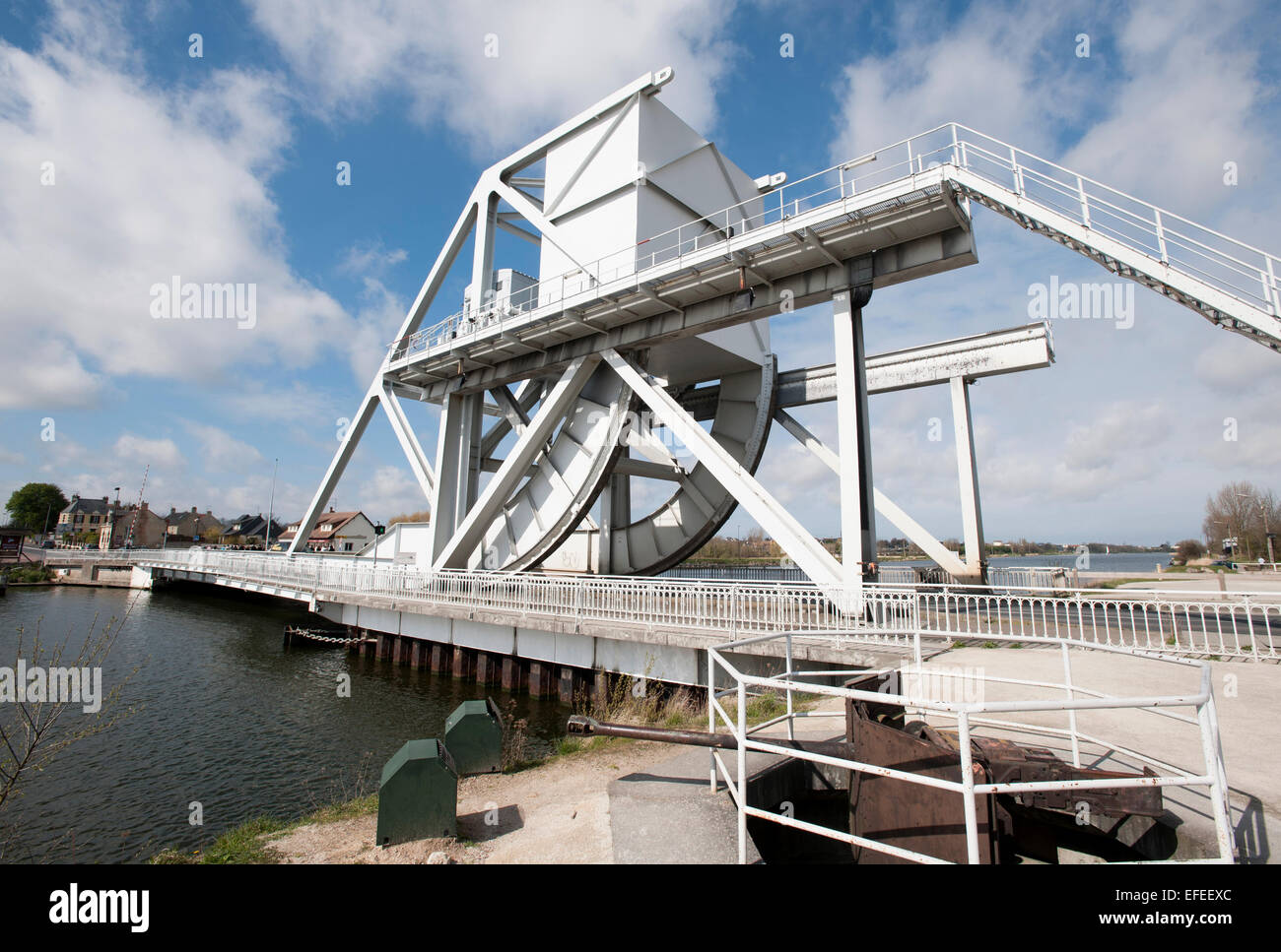 Pegasus Bridge in Normandy, France, the site of fierce fighting after D-Day. This is a wider replacement on the original site Stock Photo