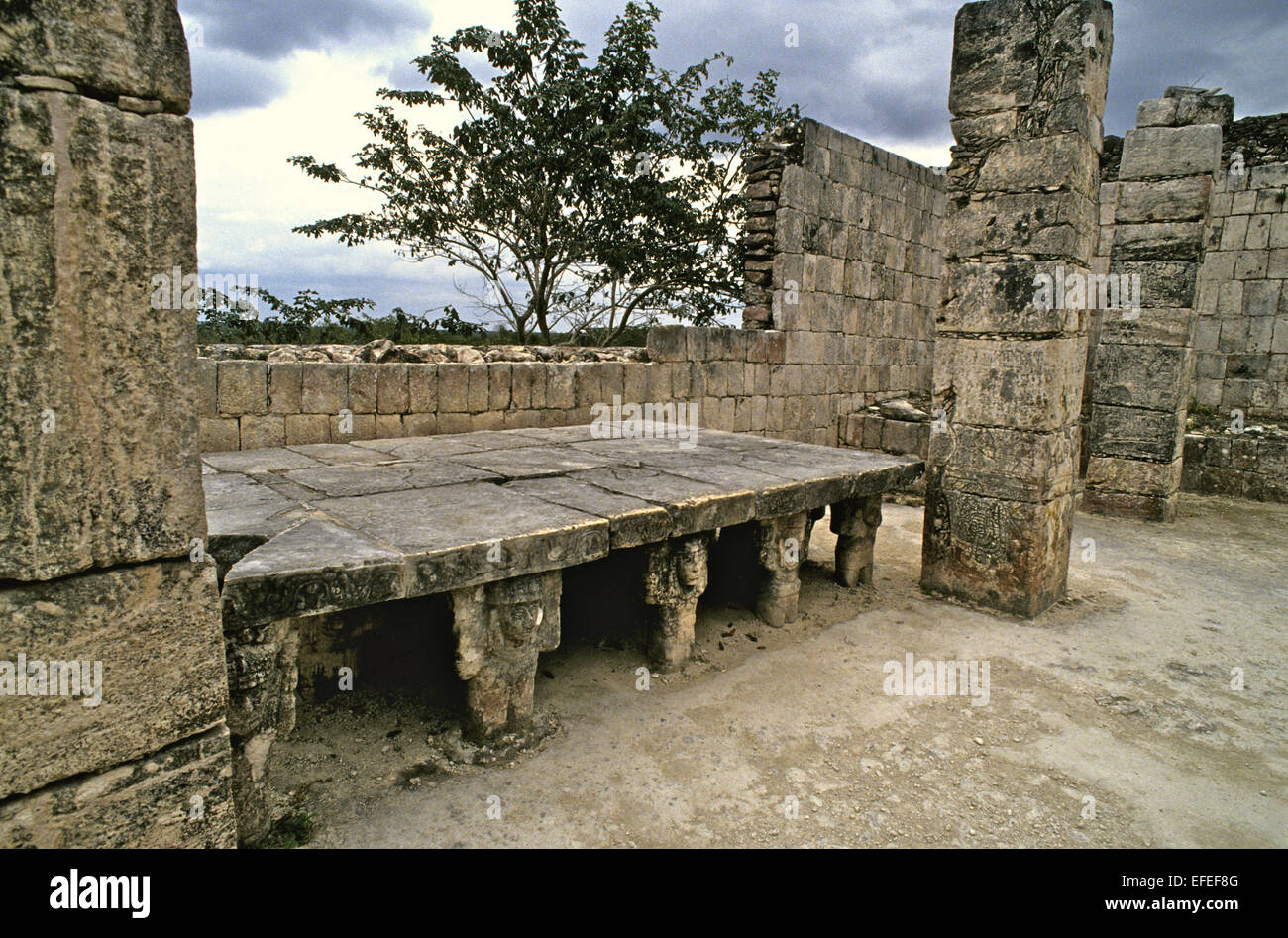 Mexico - Chichen Itza on of the best known sites. with well preserved and restorded buildings - this is the stone altar which stands at the back of the Temple of the Warriors Stock Photo