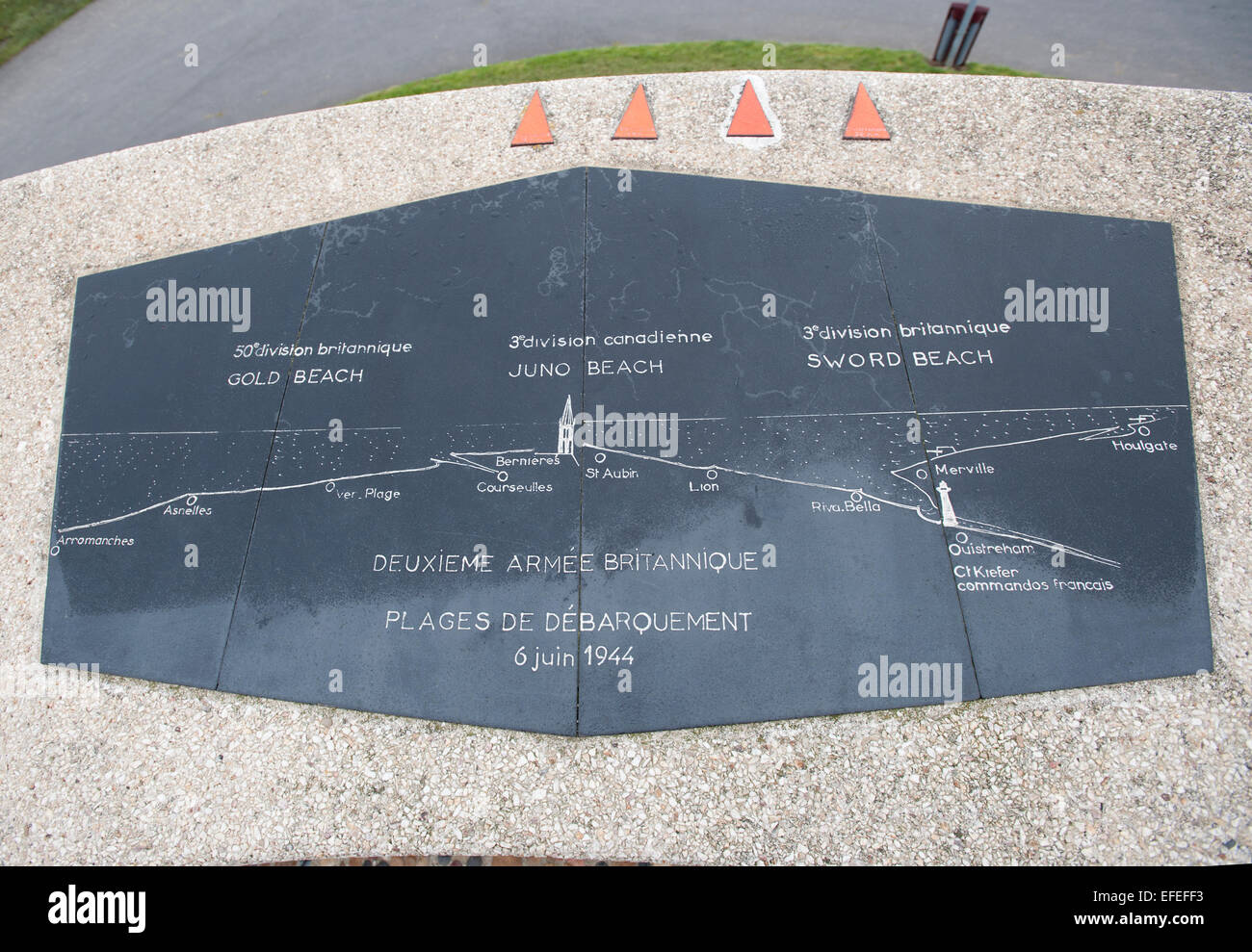 Map showing visitors to the Normandy D-Day landing sites the position of Gold, Juno and Sword beaches and the allies forces Stock Photo