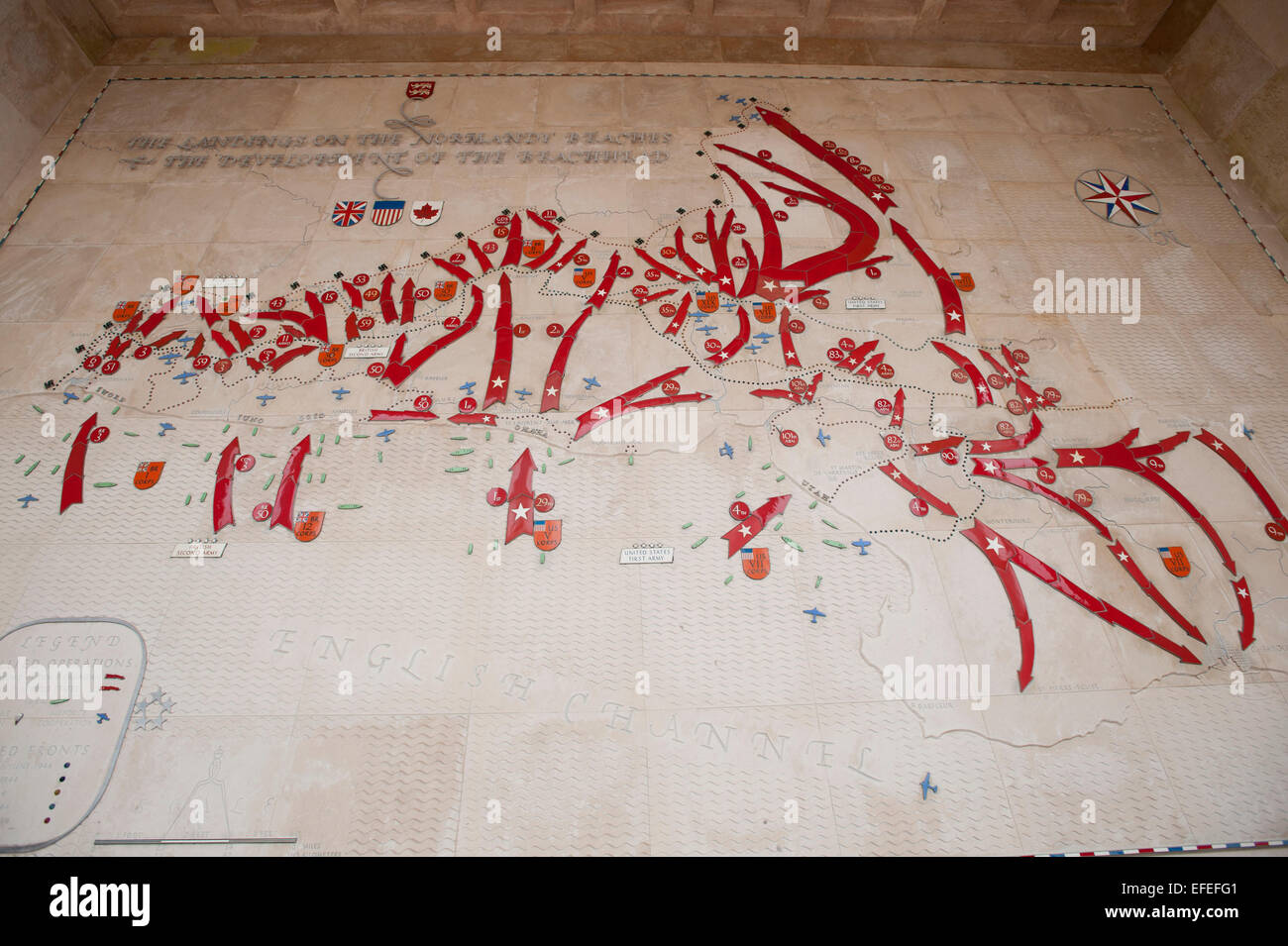 Map at the American cemetery of the Normandy D-Day landing sites and movements of the allies forces Stock Photo