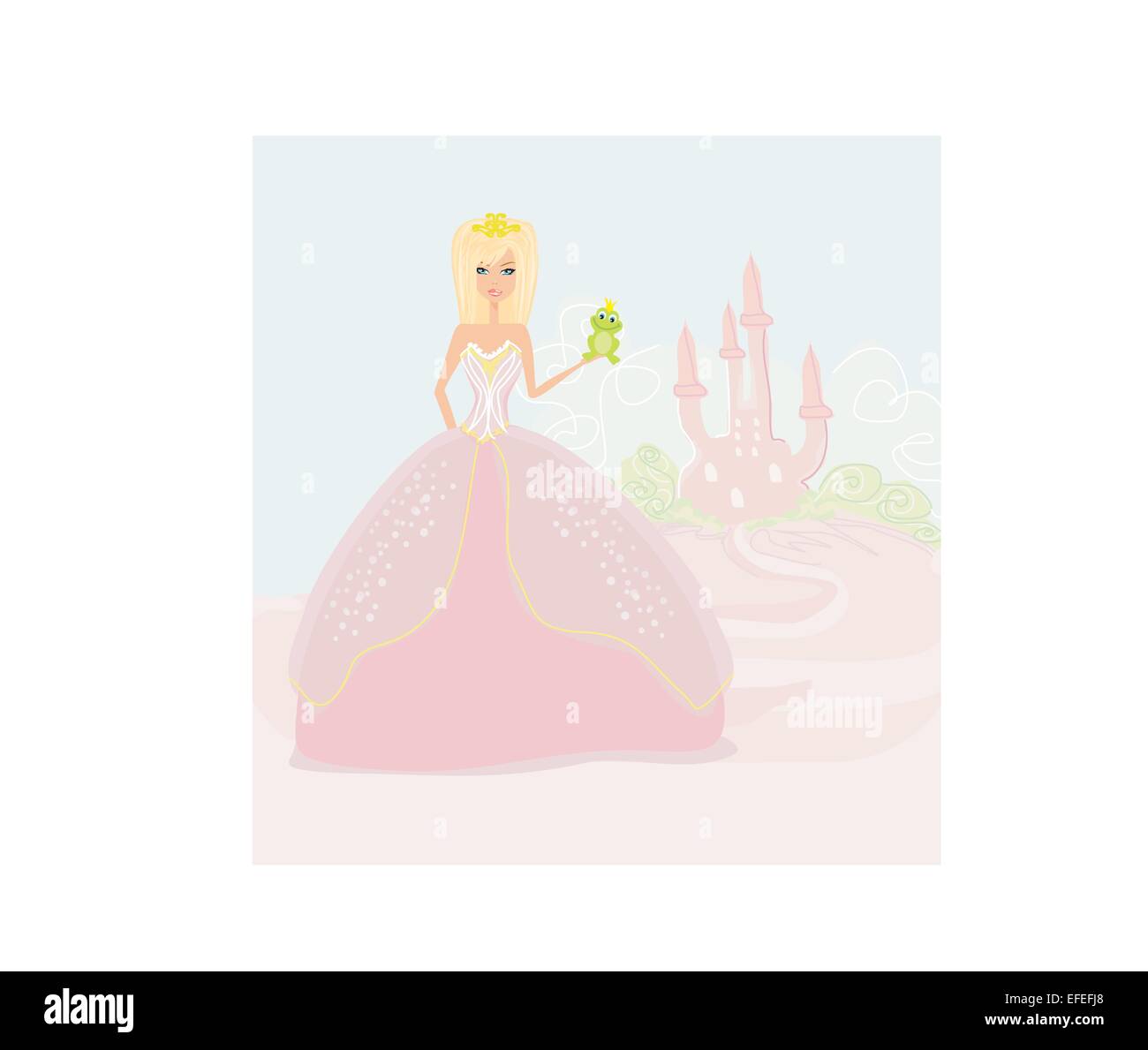 Beautiful young princess holding a big green frog Stock Vector