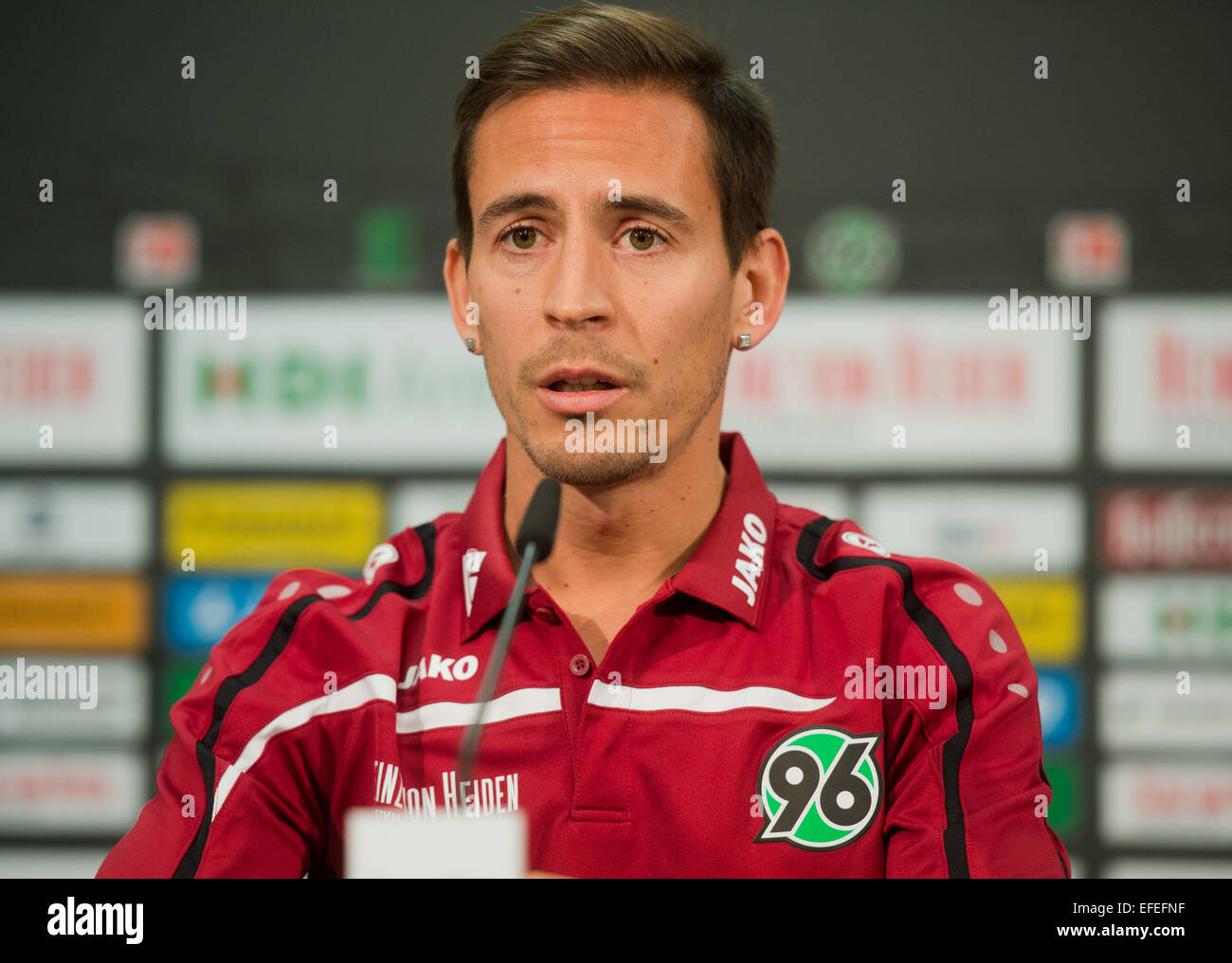 Hanover, Germany. 02nd Feb, 2015. Joao Pereira, new entry of German Bundesliga soccer club Hannover 96 attends a press conference at HDI Arena in Hanover, Germany, 02 February 2015. Photo: Julian Stratenschulte/dpa/Alamy Live News Stock Photo