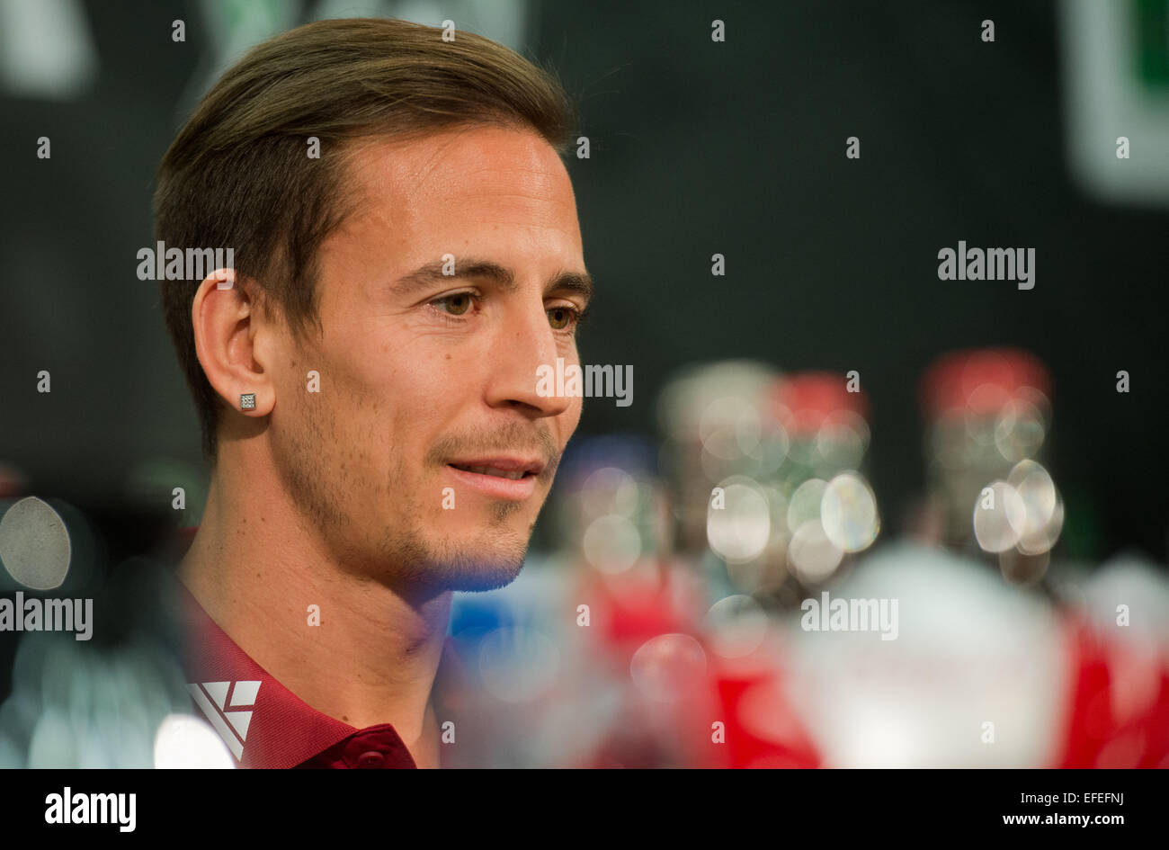 Hanover, Germany. 02nd Feb, 2015. Joao Pereira, new entry of German Bundesliga soccer club Hannover 96 attends a press conference at HDI Arena in Hanover, Germany, 02 February 2015. Photo: Julian Stratenschulte/dpa/Alamy Live News Stock Photo