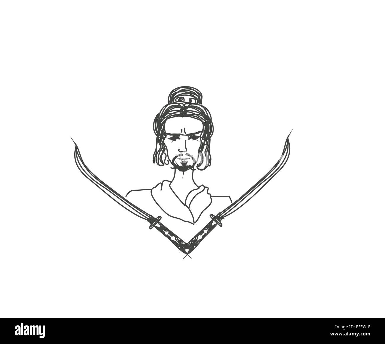 samurai portrait with swords - doodle illustration Stock Vector