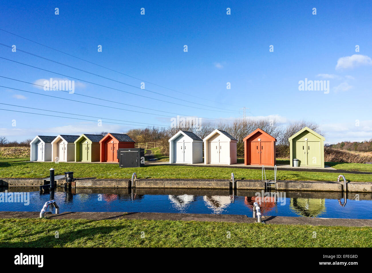 Huts at The Helix by the Forth and Clyde Canal in Falkirk Scotland Stock Photo