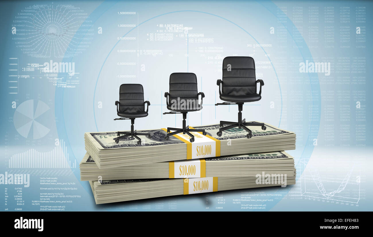Stack of money with three office chairs on top Stock Photo - Alamy