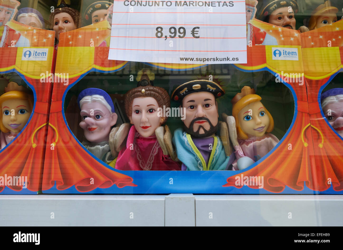 Hand puppets, glove, puppet theatre, puppet show on display in spanish shop, Malaga, Spain. Stock Photo