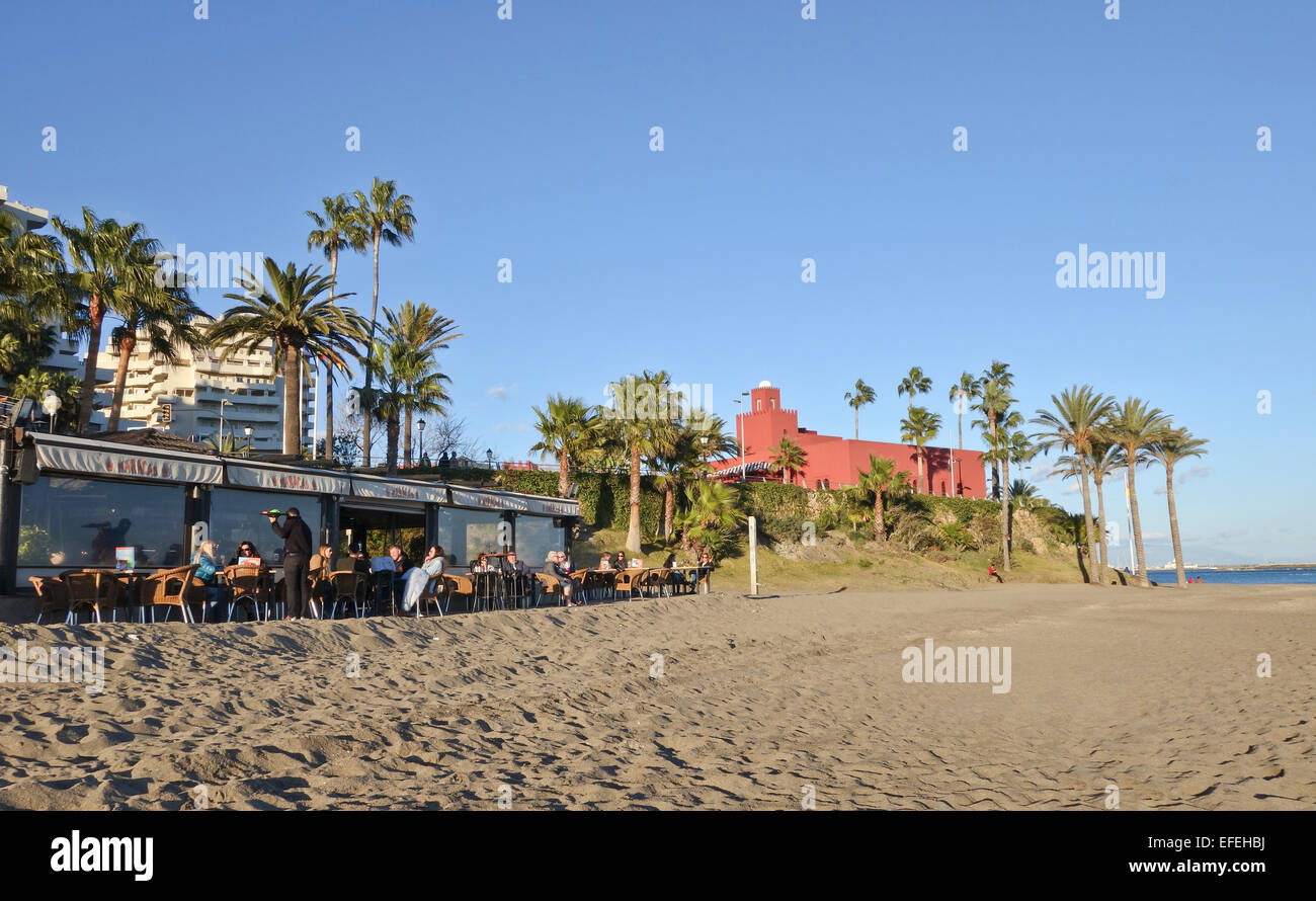 Bar at beach with the Bil Bil Castle, Arabicstyle building behind, Benalmadena, Andalusia