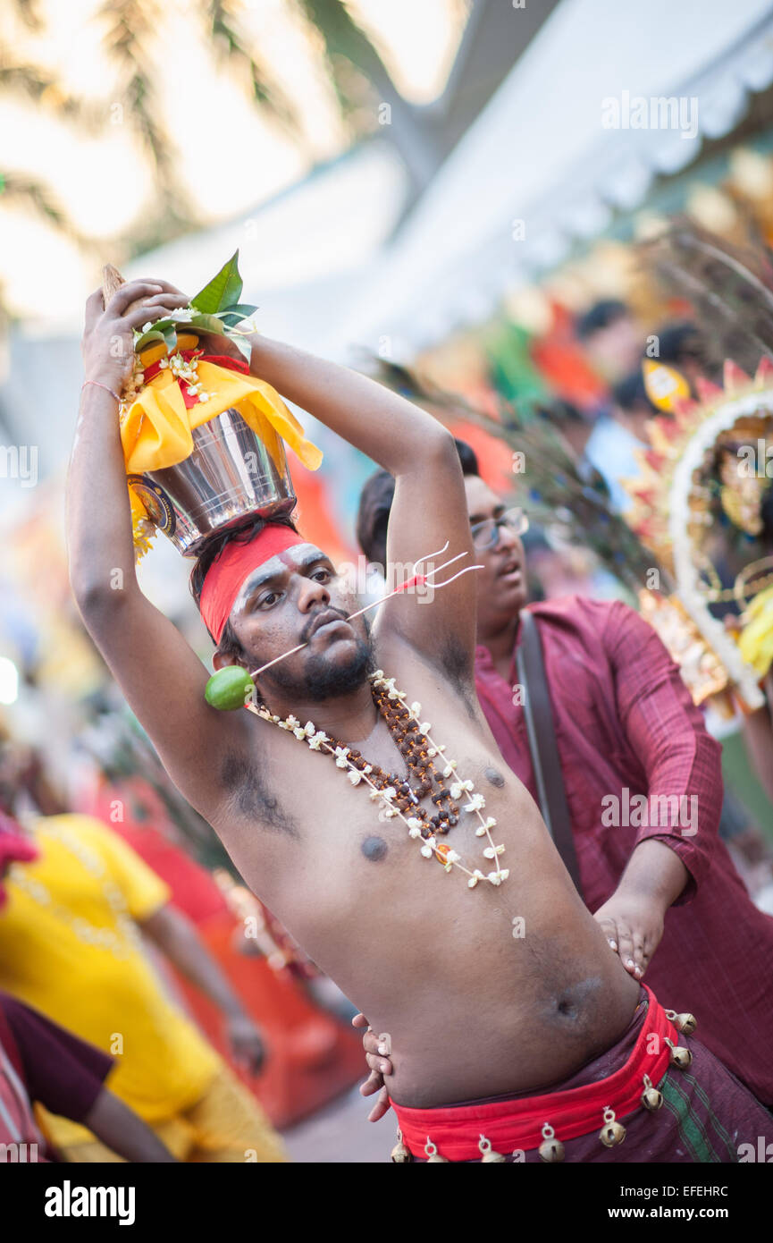 Hindu man carring a Kavadi on his head  with a skewer through his cheeks at Thaipusam 2015, Batu Caves, Malaysia Stock Photo
