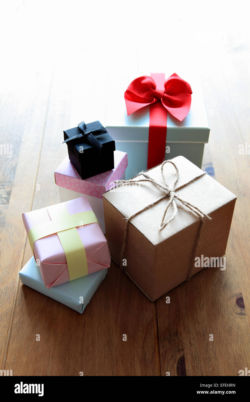 A pile of surprise gifts, perhaps birthday or Christmas presents Stock Photo