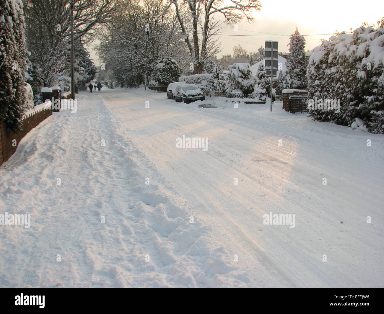 Firgrove Road, Whitehill, Bordon, Hampshire, England covered in snow from 2009. Stock Photo