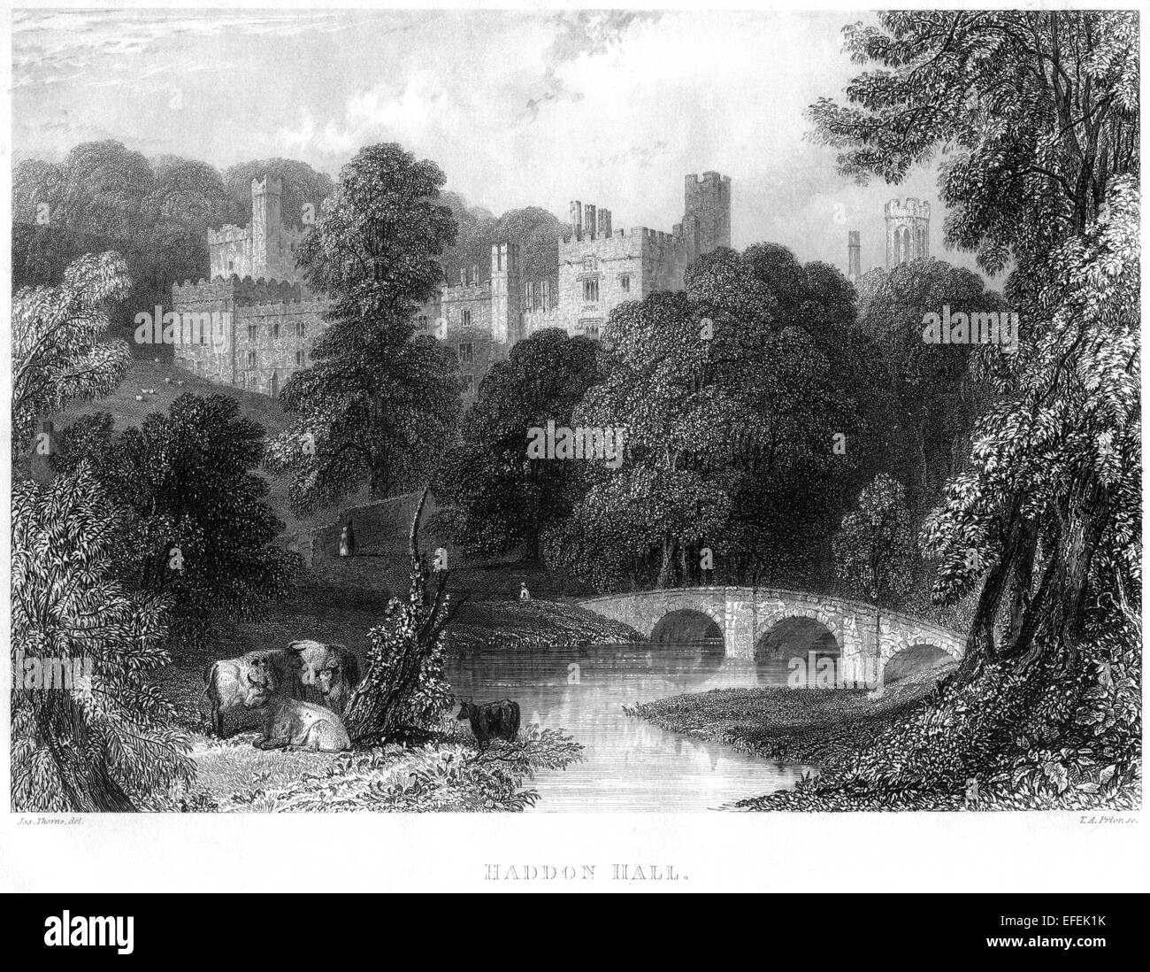 An engraving of Haddon Hall scanned at high resolution from a book