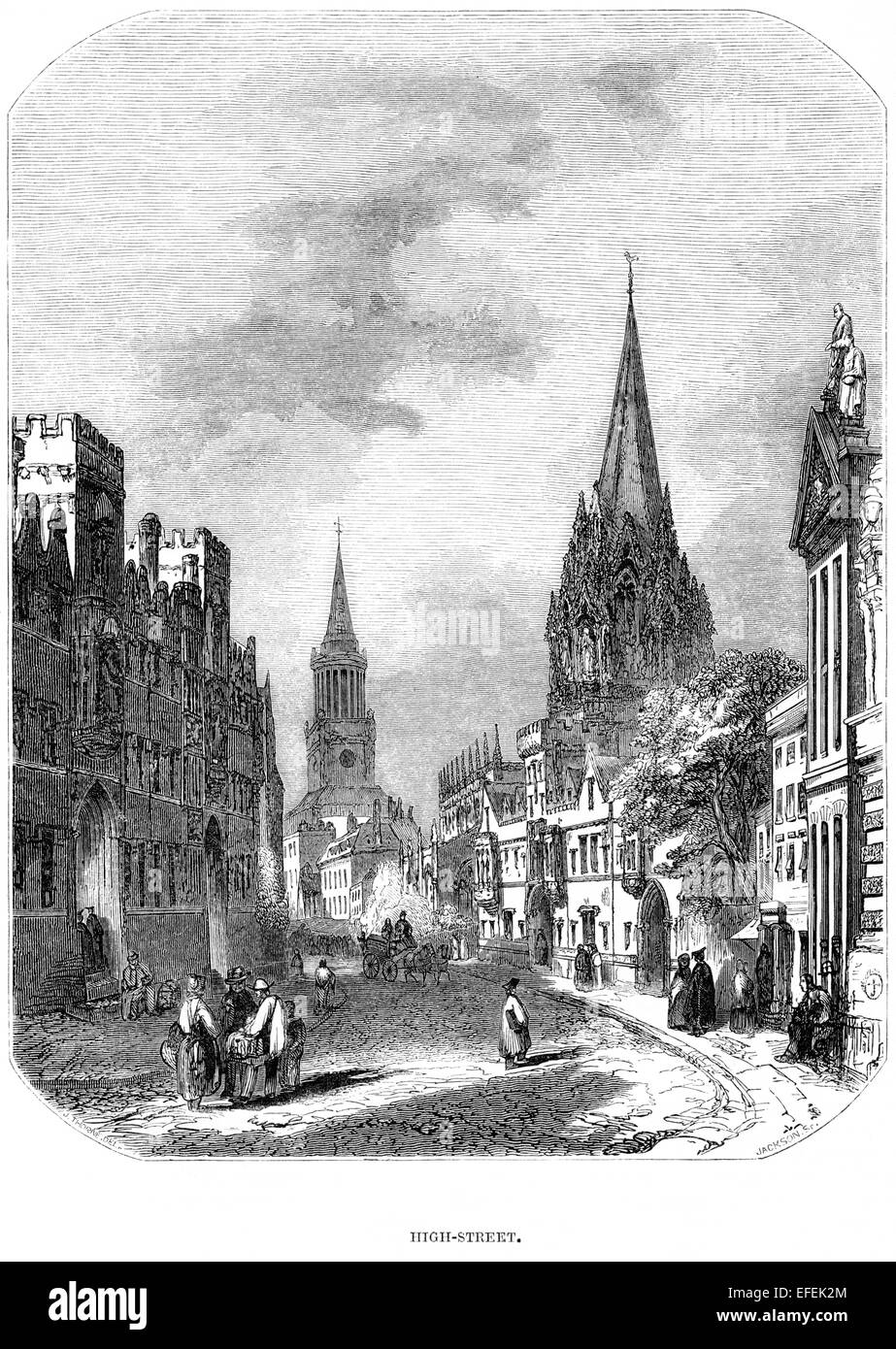 An engraving of Oxford High Street scanned at high resolution from a book printed in 1850.  Believed copyright free. Stock Photo