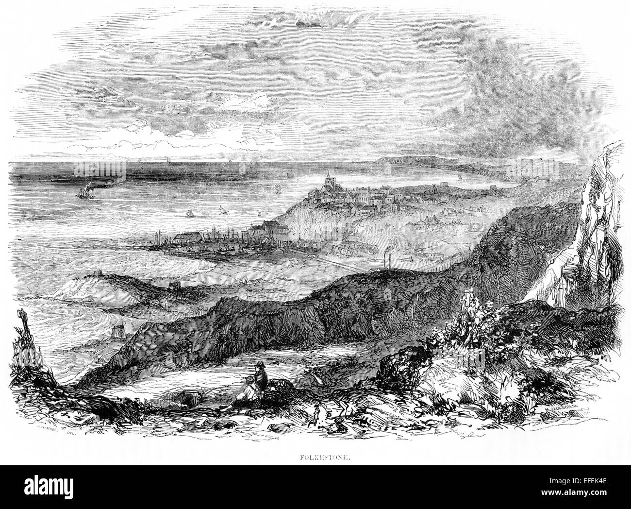 An engraving of Folkestone scanned at high resolution from a book printed in 1850. Stock Photo