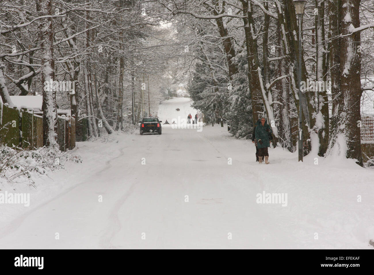 Forest Road, Whitehill, Bordon, Hampshire, England covered in snow from 2009. Stock Photo