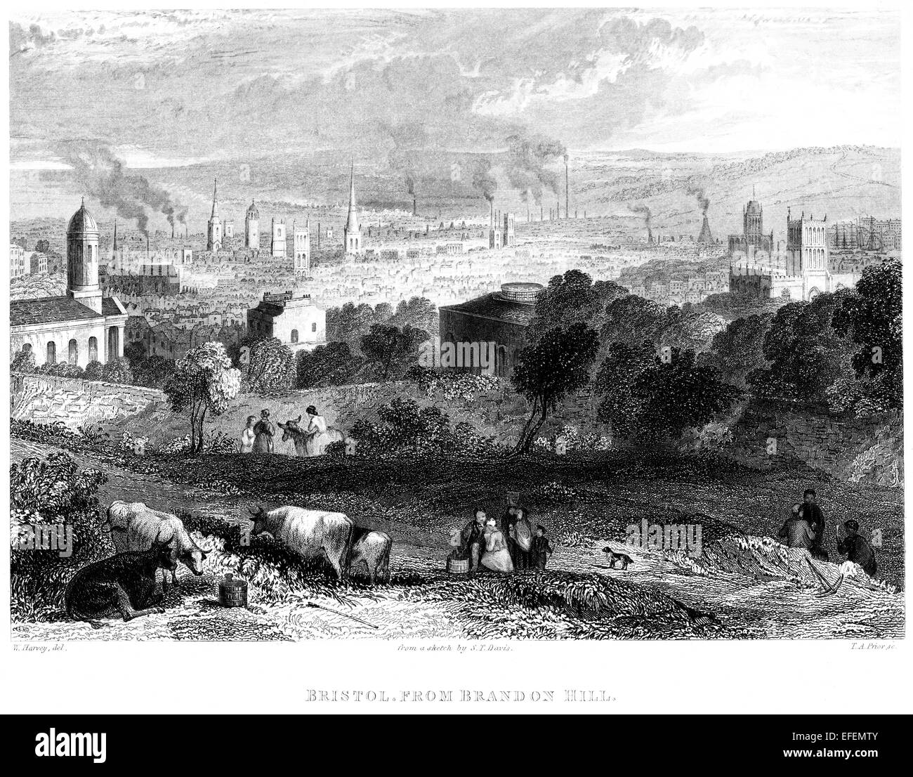 An engraving of Bristol from Brandon Hill scanned at high resolution from a book printed in 1850. Stock Photo