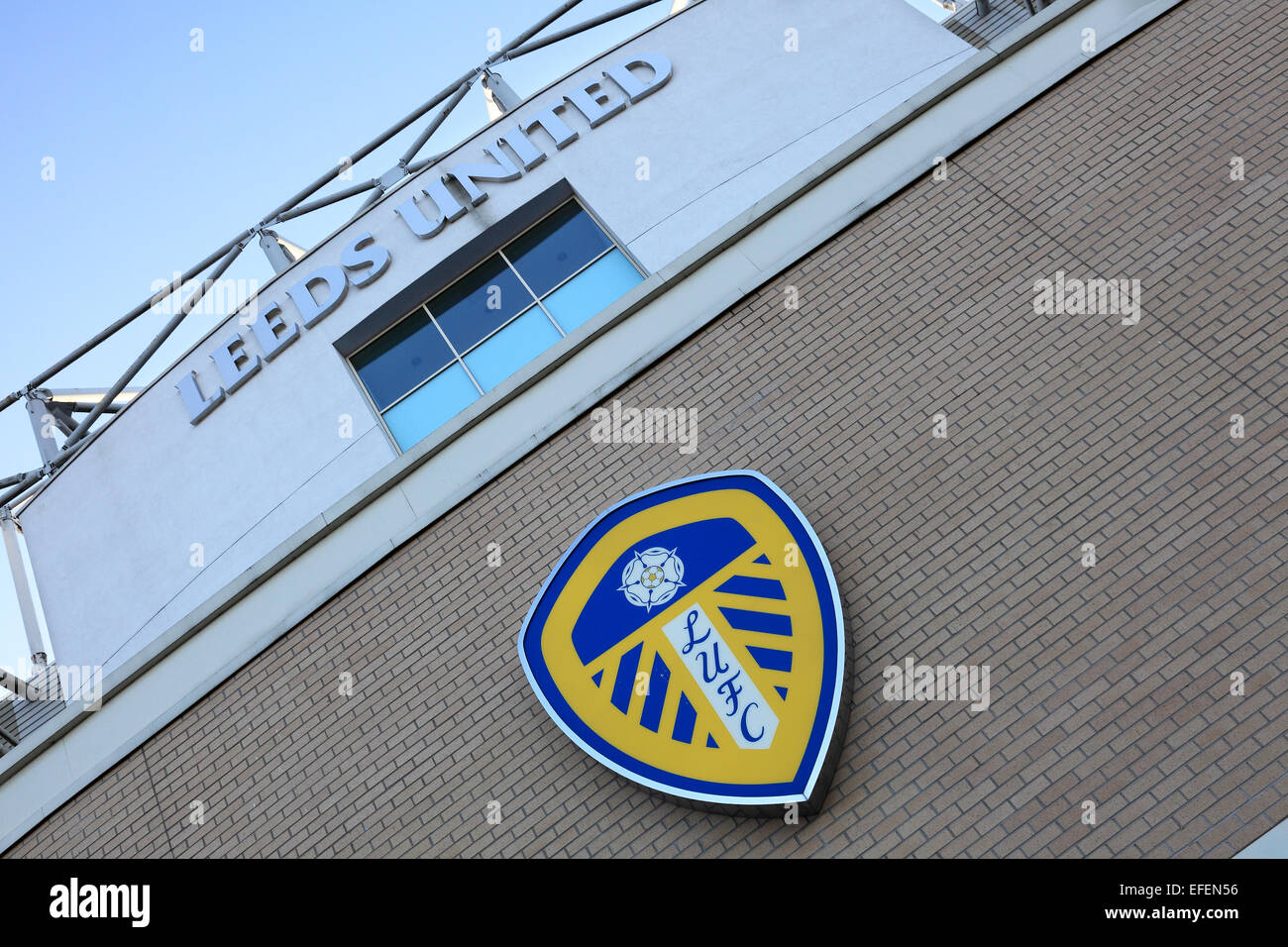 Leeds United's crest badge at their famous Elland Road football ground, in Leeds West Yorkshire, England Stock Photo