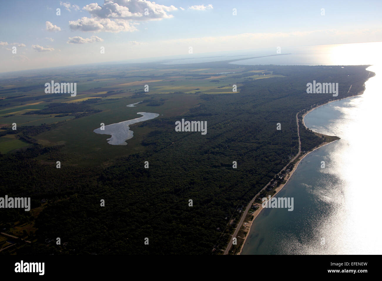Saginaw Bay, Michigan and adjoining farmland.  Looking towards Wild Fowl Bay. Albert E. Sleeper Park visible in foreground with Stock Photo